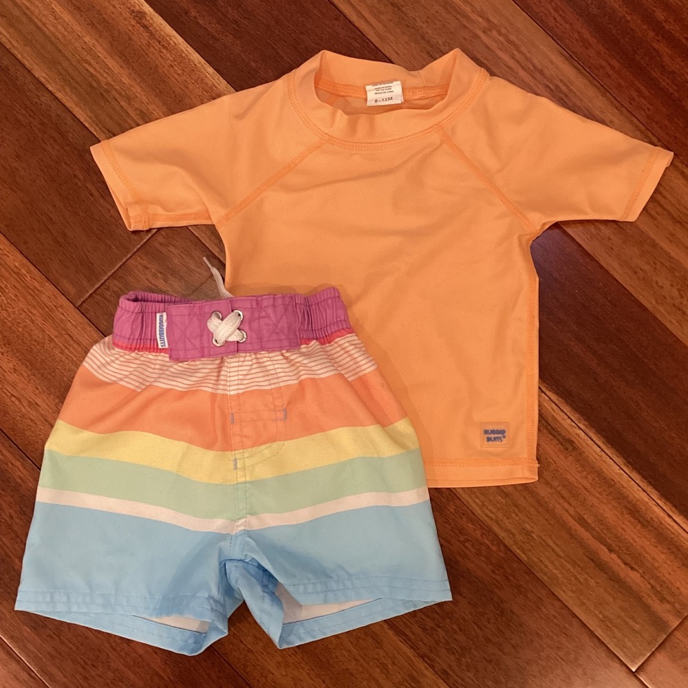 RuggedButts Boy Swim 2 Piece Set Orange Rashguard Rainbow Trunks 6-12Mos
